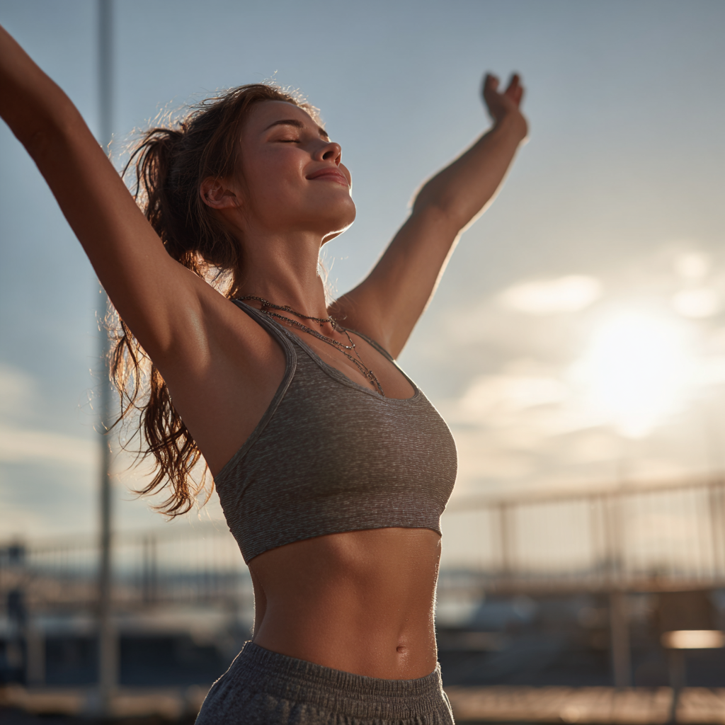 Усміхнена жінка середнього віку європейської зовнішності в йога позі на килимку, демонструє гнучкість та внутрішню гармонію