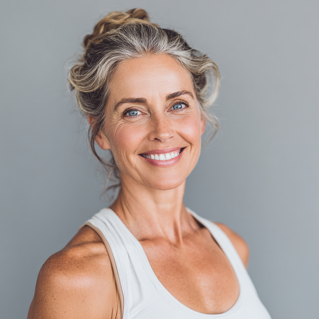 Чоловік середнього віку європейської зовнішності виконує стабілізуючу йога позу, демонструючи рівновагу та контроль тіла